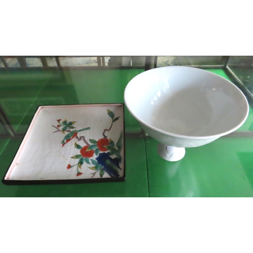 606 - Oriental Restrained Form Stem Bowl with Dish Square Form Floral Motifs Bowl Signed to Inner Stem App... 