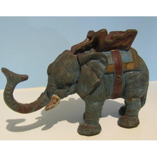 611 - Antique Cast Iron Moneybox Elephant Motif Original Paint Approximately 5 Inches Wide