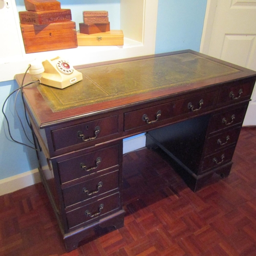 618 - Twin Pedestal Mahogany Desk Inset Burgundy Leather Gilt Tooled Top Above Nine Drawers Approximately ... 