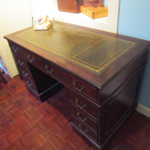 618 - Twin Pedestal Mahogany Desk Inset Burgundy Leather Gilt Tooled Top Above Nine Drawers Approximately ... 