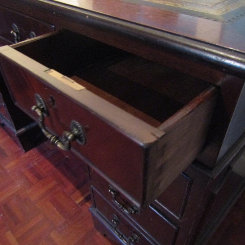 618 - Twin Pedestal Mahogany Desk Inset Burgundy Leather Gilt Tooled Top Above Nine Drawers Approximately ... 