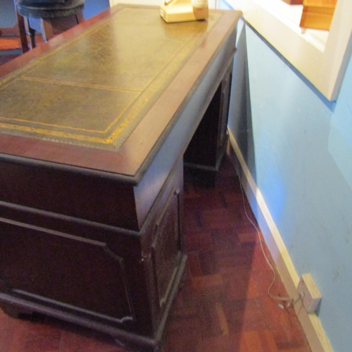 618 - Twin Pedestal Mahogany Desk Inset Burgundy Leather Gilt Tooled Top Above Nine Drawers Approximately ... 