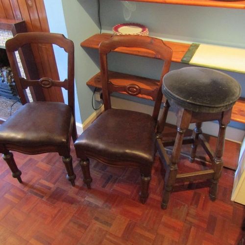 619 - Pair of Mahogany Dining Chairs Leather Seats with Stool Three Pieces in Lot