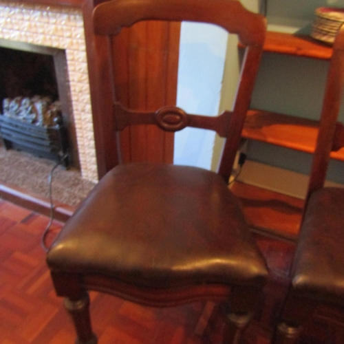 619 - Pair of Mahogany Dining Chairs Leather Seats with Stool Three Pieces in Lot