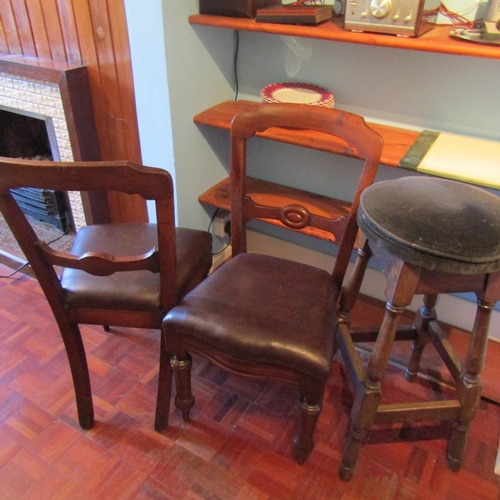 619 - Pair of Mahogany Dining Chairs Leather Seats with Stool Three Pieces in Lot