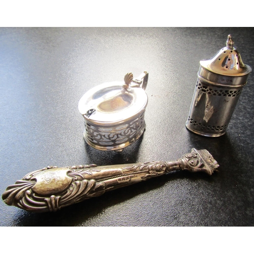 672 - Silver Mustard Pot and Silver Salt with Silver Handle Three Pieces in Lot