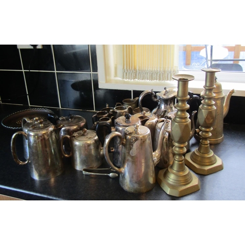 676 - Collection of Silver Plated Hotel Ware Including Tea Pots and Milk Jugs Good Quality with Pair of Br... 