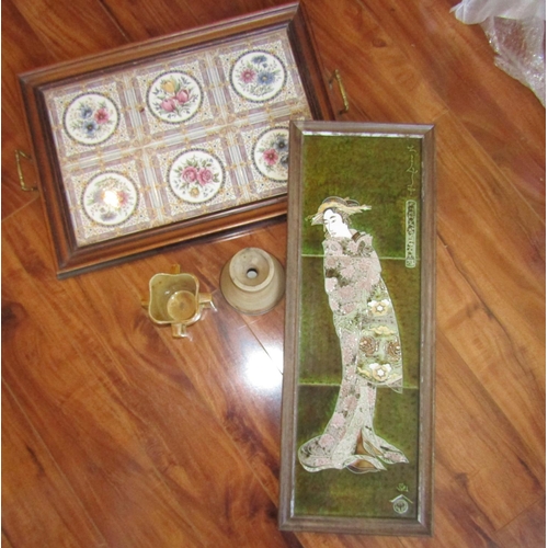 696 - Illustrated Tiles Japanese Lady and Minton Tile Inset Tray and Two Other Items Fired Earthenware Fou... 