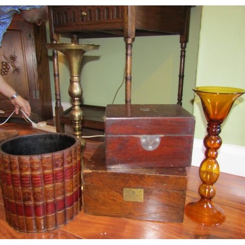 697 - Two Victorian Stationery Boxes with Book Motif Wastepaper Basket Circular Form and Cast Brass Stand ... 