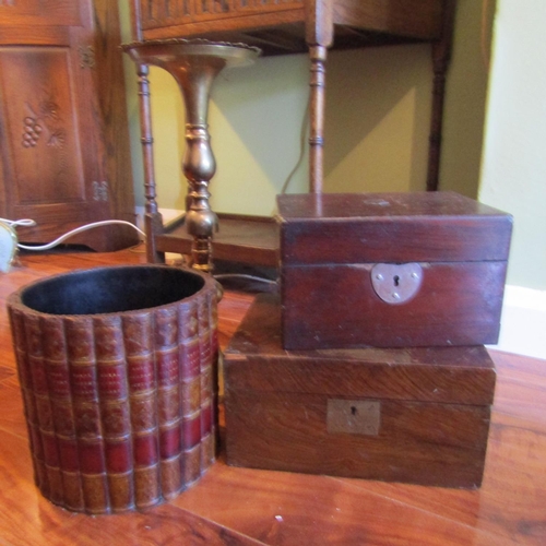 697 - Two Victorian Stationery Boxes with Book Motif Wastepaper Basket Circular Form and Cast Brass Stand ... 