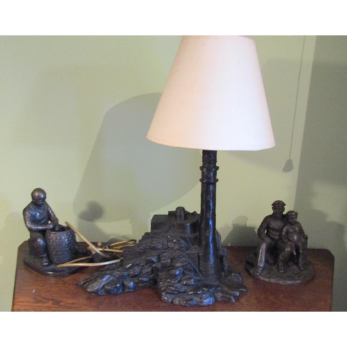 698 - Jeanne Rynhart Bronze Table Lamp with Two Bronze Figures Three Pieces in Lot