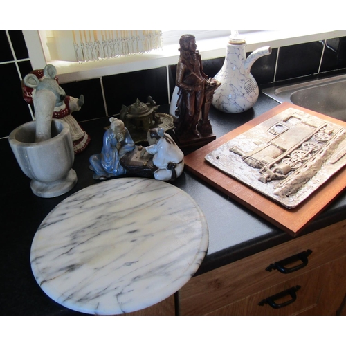 703 - Marble Circular Form Chopping Board Fine Porcelain Figure of Chess Players Mortice and Pestle with O... 