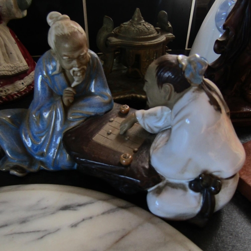 703 - Marble Circular Form Chopping Board Fine Porcelain Figure of Chess Players Mortice and Pestle with O... 