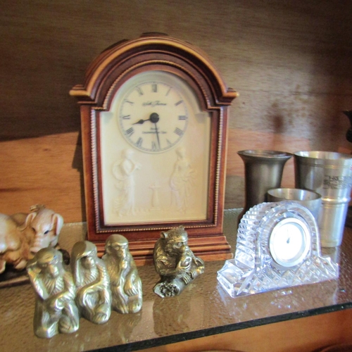 708 - Two Shelves Various Items Including Mantle Clock