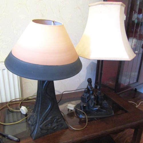 710 - Two Bronze Table Lamps Electrified Working Order with Shades Tallest Approximately 24 Inches High