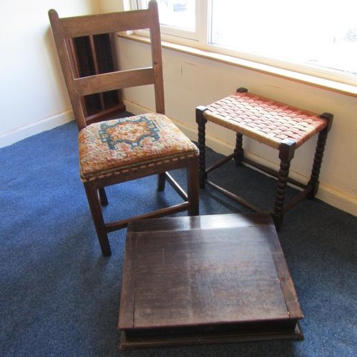 722 - Old Mahogany School Desk Sugan Chair Stool with Another Mahogany Armchair Blue Velvet Seat Four Piec... 