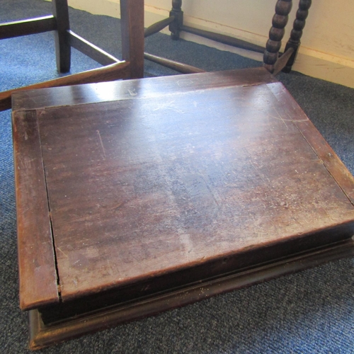 722 - Old Mahogany School Desk Sugan Chair Stool with Another Mahogany Armchair Blue Velvet Seat Four Piec... 