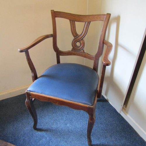 722 - Old Mahogany School Desk Sugan Chair Stool with Another Mahogany Armchair Blue Velvet Seat Four Piec... 