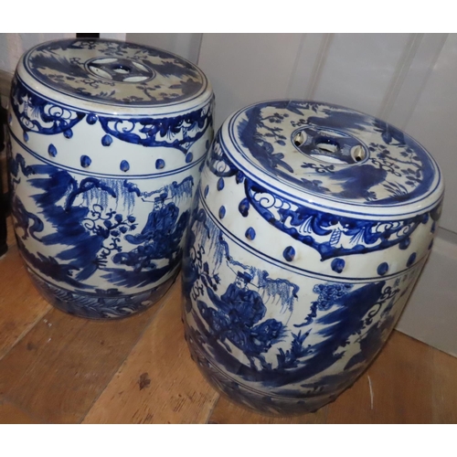 733 - Pair of Oriental Blue and White Porcelain Barrel Seats Each Approximately 22 Inches High