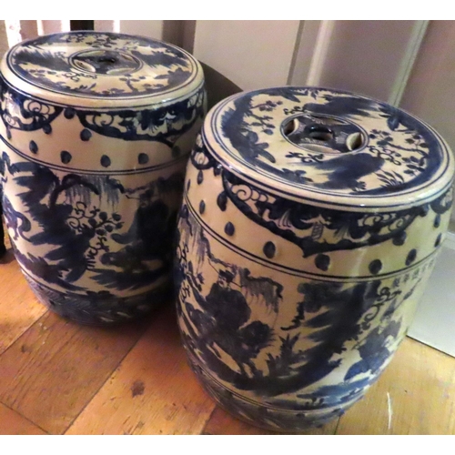 733 - Pair of Oriental Blue and White Porcelain Barrel Seats Each Approximately 22 Inches High