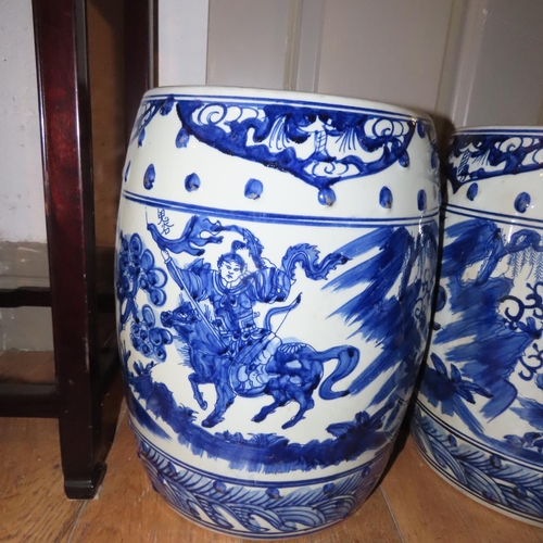 733 - Pair of Oriental Blue and White Porcelain Barrel Seats Each Approximately 22 Inches High