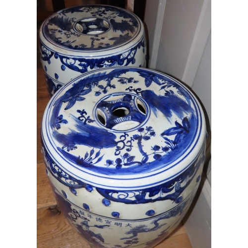 733 - Pair of Oriental Blue and White Porcelain Barrel Seats Each Approximately 22 Inches High