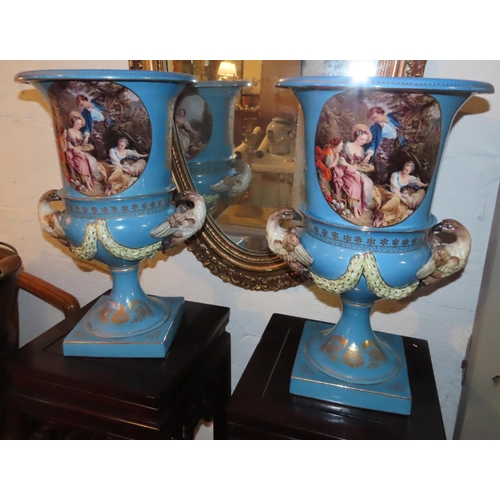 734 - Pair of Continental Fine Porcelain Urns with Avian Motif with Swan Motif Side Carry Handles Each App... 