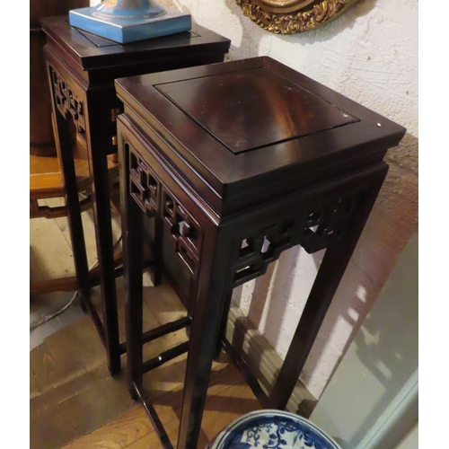 735 - Pair of Antique Carved Hardwood Stands Restrained Geometric Design Each Approximately 42 Inches High