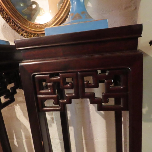 735 - Pair of Antique Carved Hardwood Stands Restrained Geometric Design Each Approximately 42 Inches High