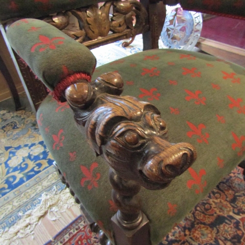 77 - Large Baronial Chair Hound Motif Arm Rests Attractively Upholstered