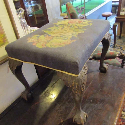 89 - Irish Chippendale Mahogany Framed Footstool Needlepoint Upholstered Above Carved Claw and Ball Suppo... 