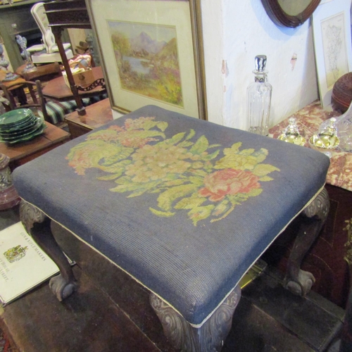 89 - Irish Chippendale Mahogany Framed Footstool Needlepoint Upholstered Above Carved Claw and Ball Suppo... 