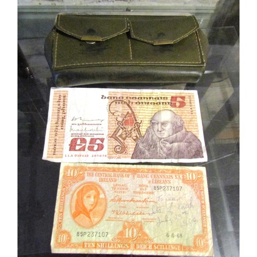 143 - Two Old Irish Bank Notes and Purse with Various Coinage Contained Within