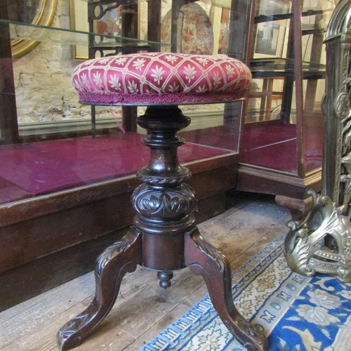 153 - Victorian Carved Mahogany Piano Stool Revolving Upholstered Seat