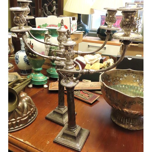 100N - Pair of Antique Silver Plated Three Sconce Table Candleabras Each Approximately 14 Inches High