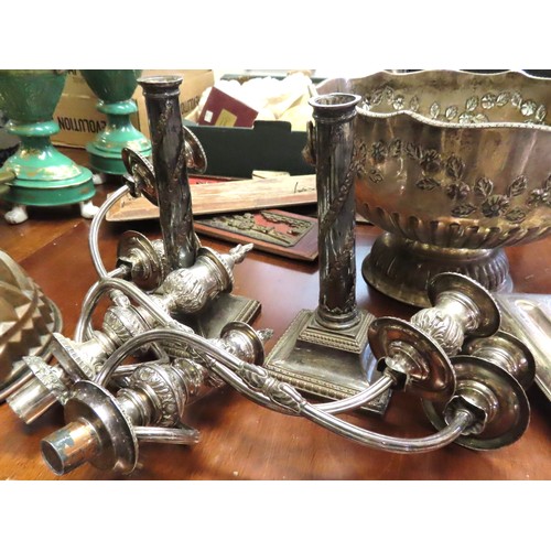 100N - Pair of Antique Silver Plated Three Sconce Table Candleabras Each Approximately 14 Inches High