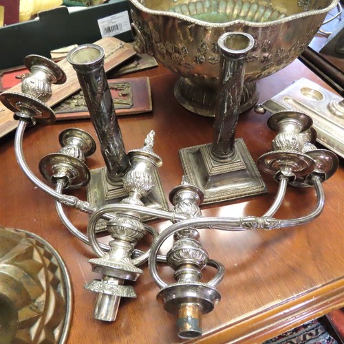 100N - Pair of Antique Silver Plated Three Sconce Table Candleabras Each Approximately 14 Inches High