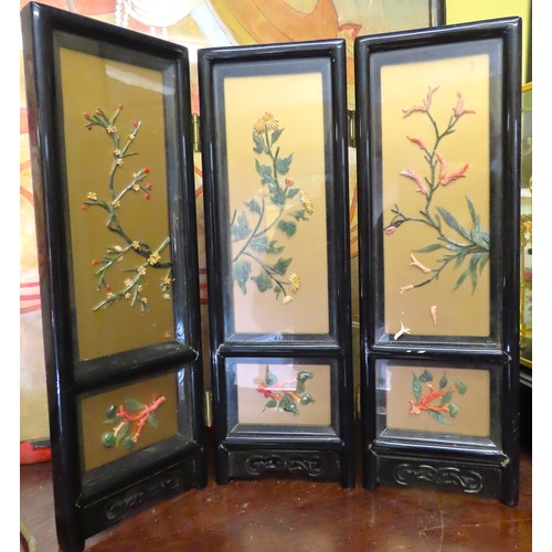 728 - Oriental Table Top Screen Tri-Part 18 Inches High Approximately Gilt Decorated and Glazed Ebonised F... 