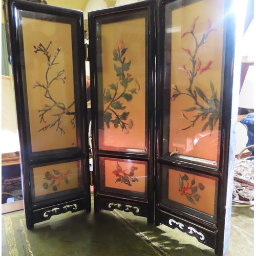 728 - Oriental Table Top Screen Tri-Part 18 Inches High Approximately Gilt Decorated and Glazed Ebonised F... 