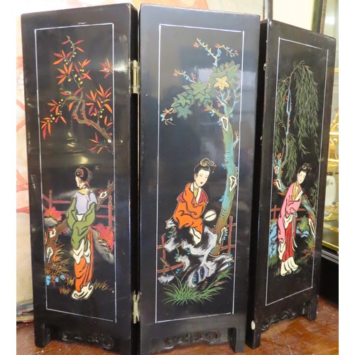 728 - Oriental Table Top Screen Tri-Part 18 Inches High Approximately Gilt Decorated and Glazed Ebonised F... 