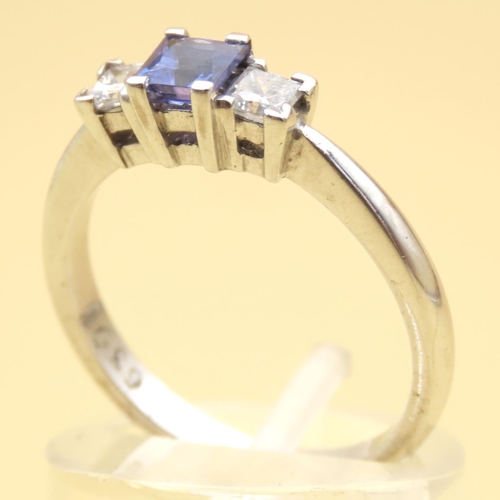 1 - Tanzanite and Diamond Three Stone Ring 18 Carat Mounted on White Gold Band Size O