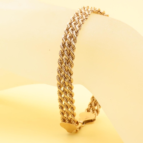 12 - Three Row 9 Carat Yellow Gold Rope Bracelet 18cm Long 6.6 Grams