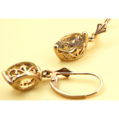 132 - Pair of Basket Set Citrine Drop Earrings Mounted on 9 Carat Yellow Gold Each 3cm High