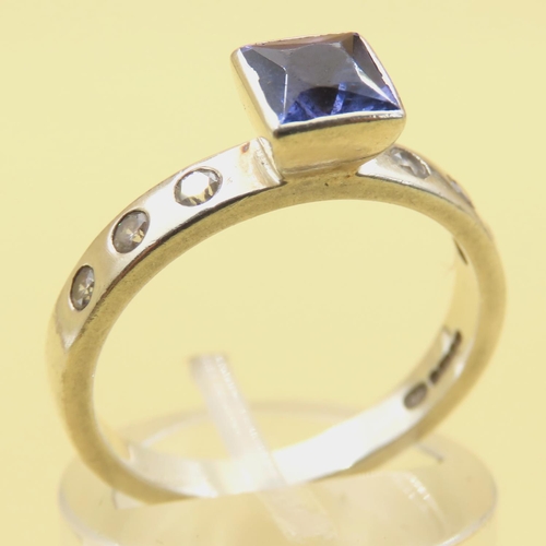 141 - Princess Cut Amethyst Solitaire Ring with Further Flush Set Diamonds on Shoulders Mounted on 9 Carat... 