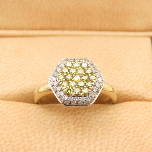 148 - Diamond and Yellow Diamond Hexagon Cluster Ring Mounted on 10 Carat Yellow Gold Band Size P