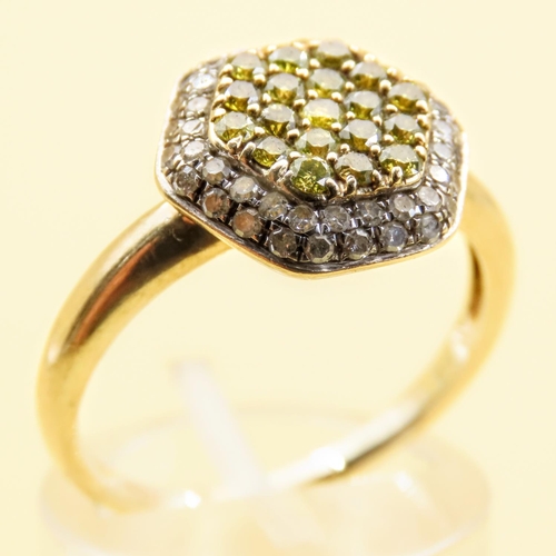 148 - Diamond and Yellow Diamond Hexagon Cluster Ring Mounted on 10 Carat Yellow Gold Band Size P