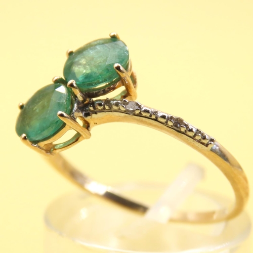 151 - Twin Stone Emerald Ring Mounted on 10 Carat Yellow Gold Band with Further Pave Set Diamonds to the B... 