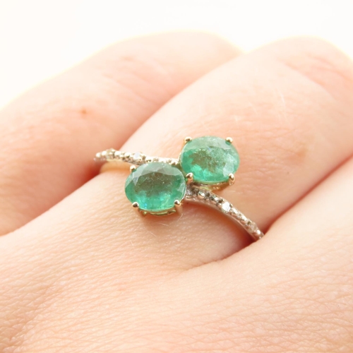 151 - Twin Stone Emerald Ring Mounted on 10 Carat Yellow Gold Band with Further Pave Set Diamonds to the B... 