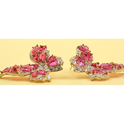 165 - Pair of Pink Gemstone Butterfly Motif Silver Gilt Earrings Each 3cm Wide