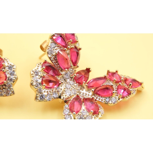 165 - Pair of Pink Gemstone Butterfly Motif Silver Gilt Earrings Each 3cm Wide